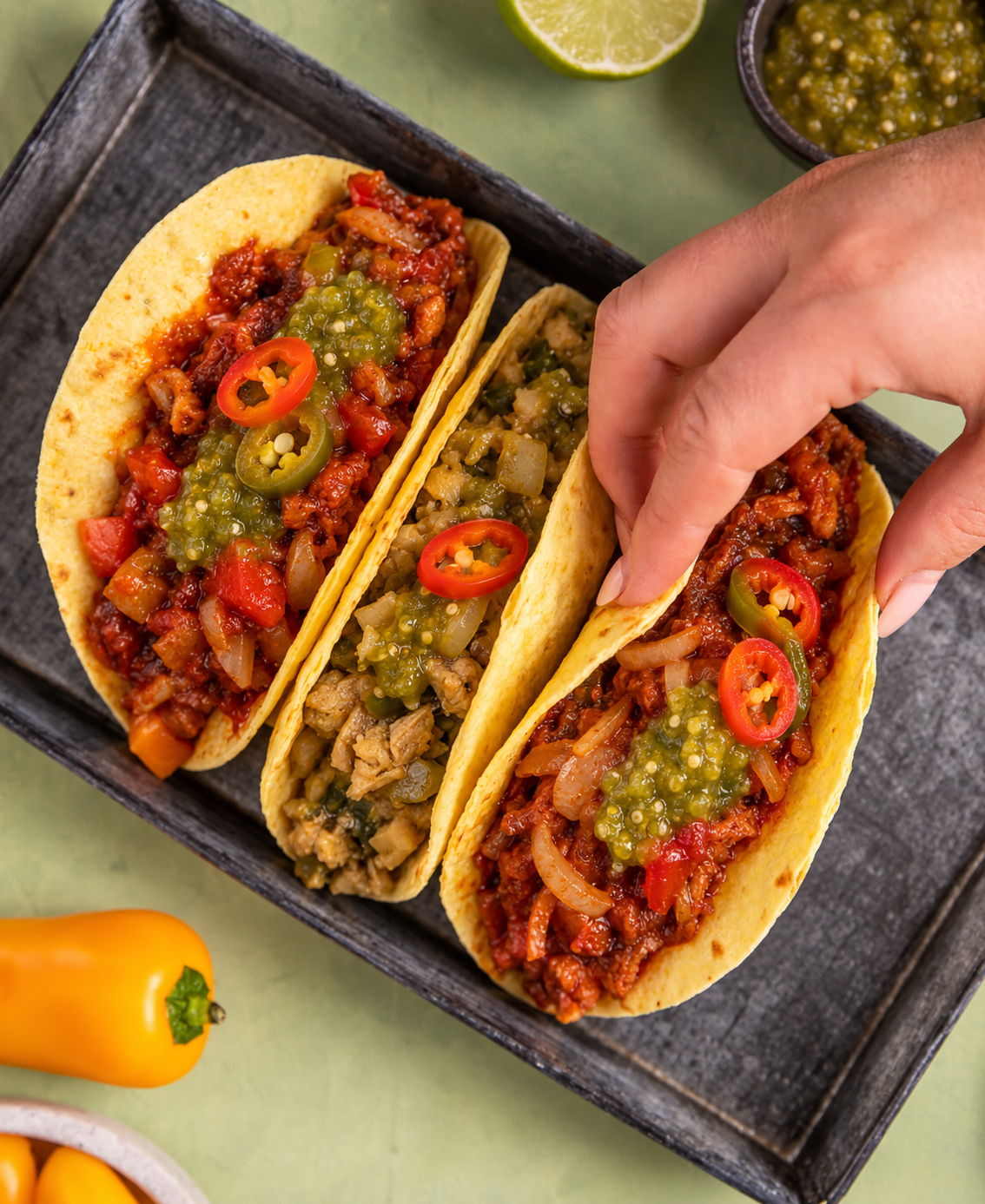 Detalle de salsas y tacos mexicanos