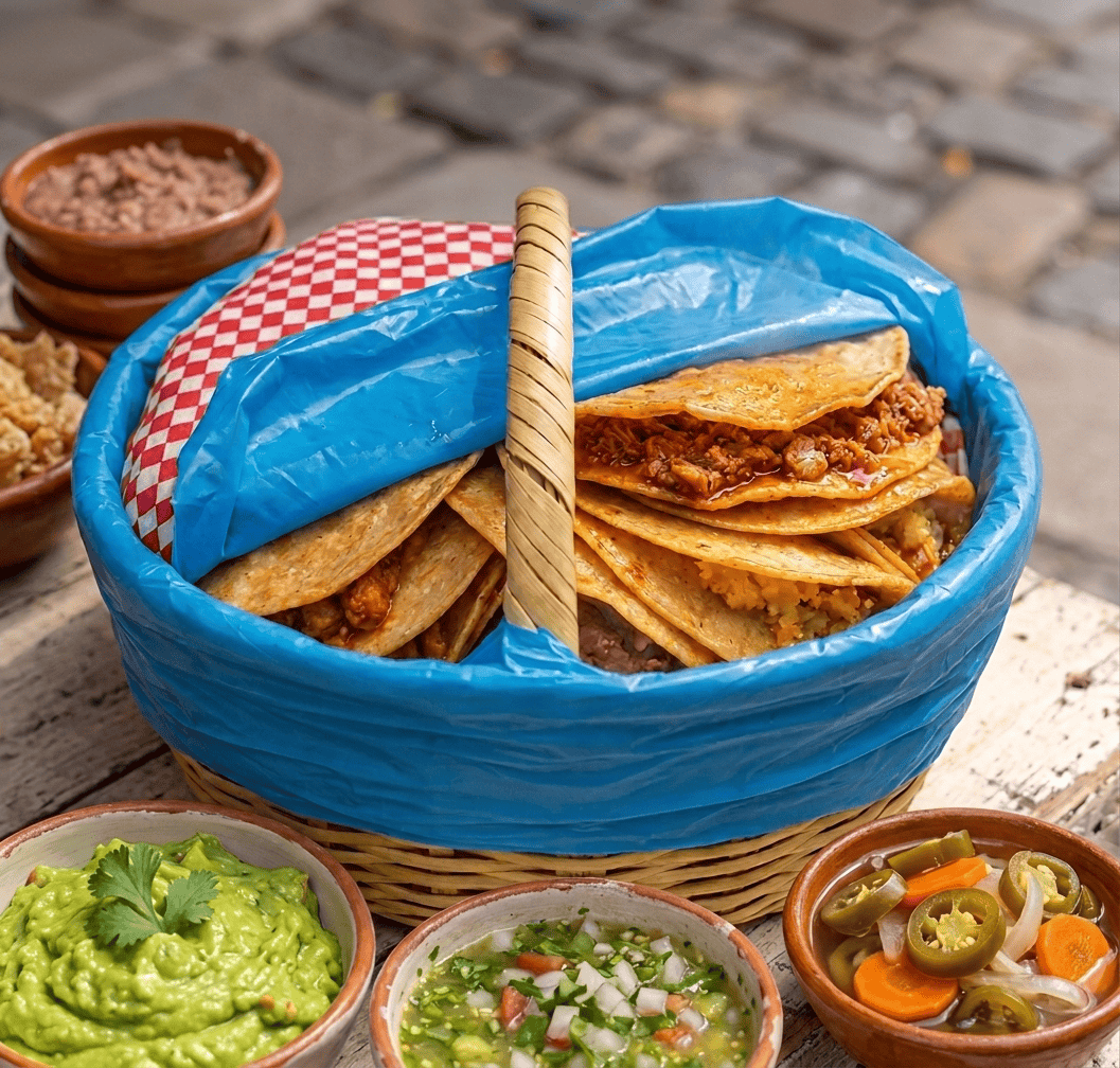 Canasta de tacos con salsas y verduras en escabeche